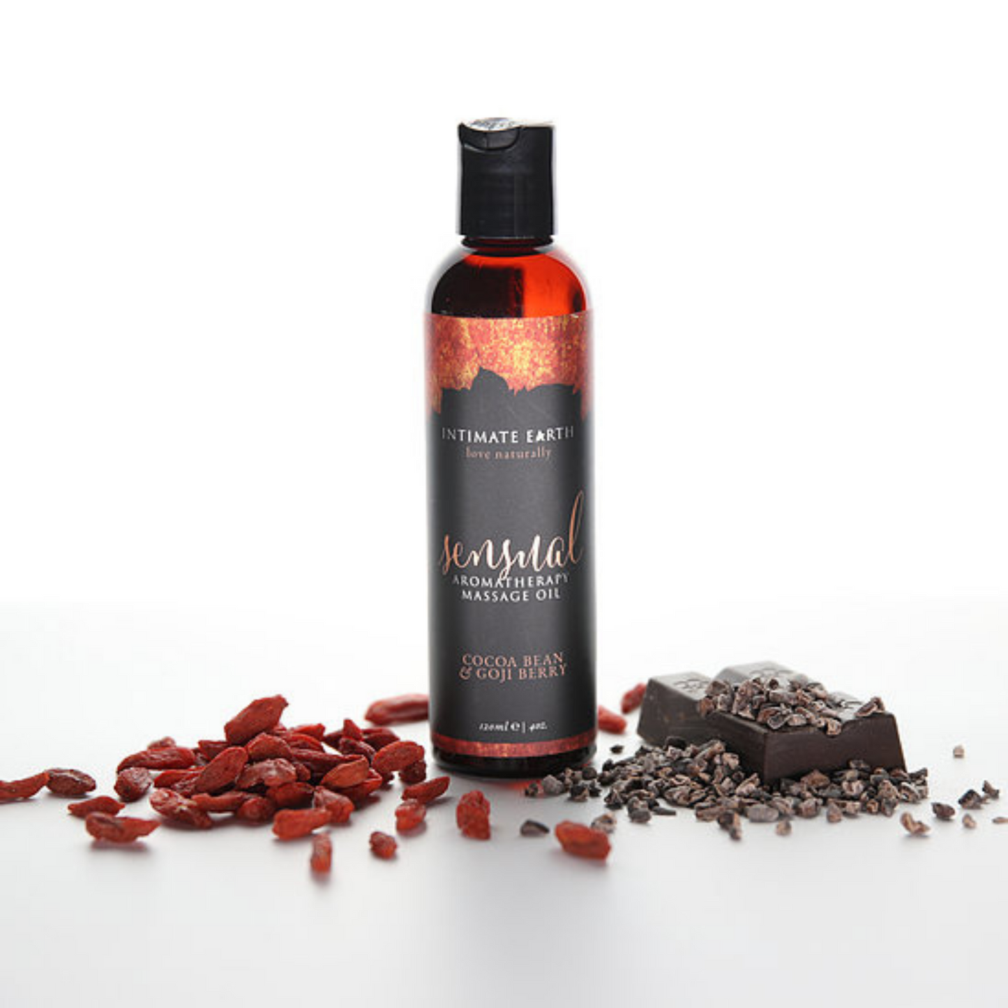 Intimate Earth Massage Oil Bottle with chocolate and goji berry